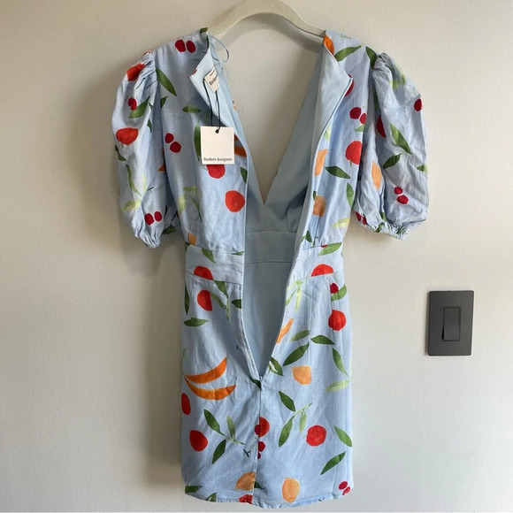 Finders Keepers Calypso Light Blue Fruit Print Puff Sleeve Mini Dress NWT Small - Picture 10 of 13